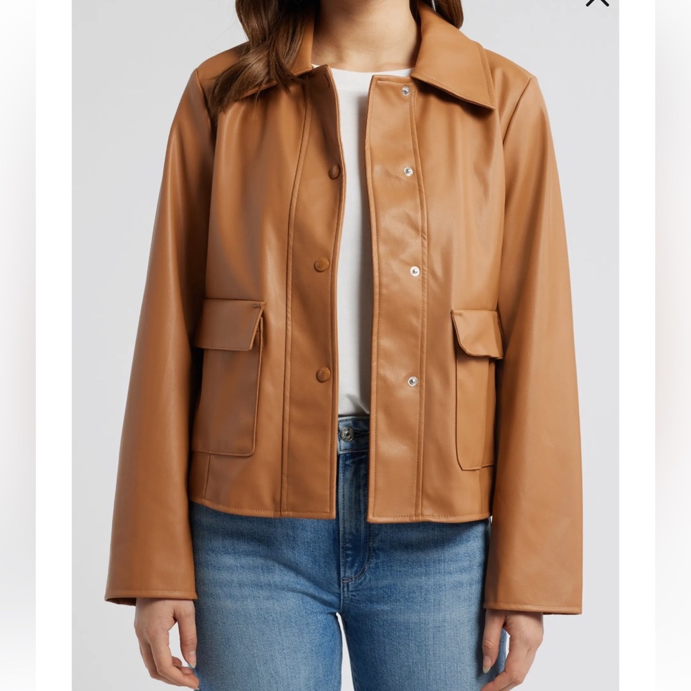 NWT Sam Edelman Faux Leather Jacket Saddle Brown Snap Front Pockets Moto